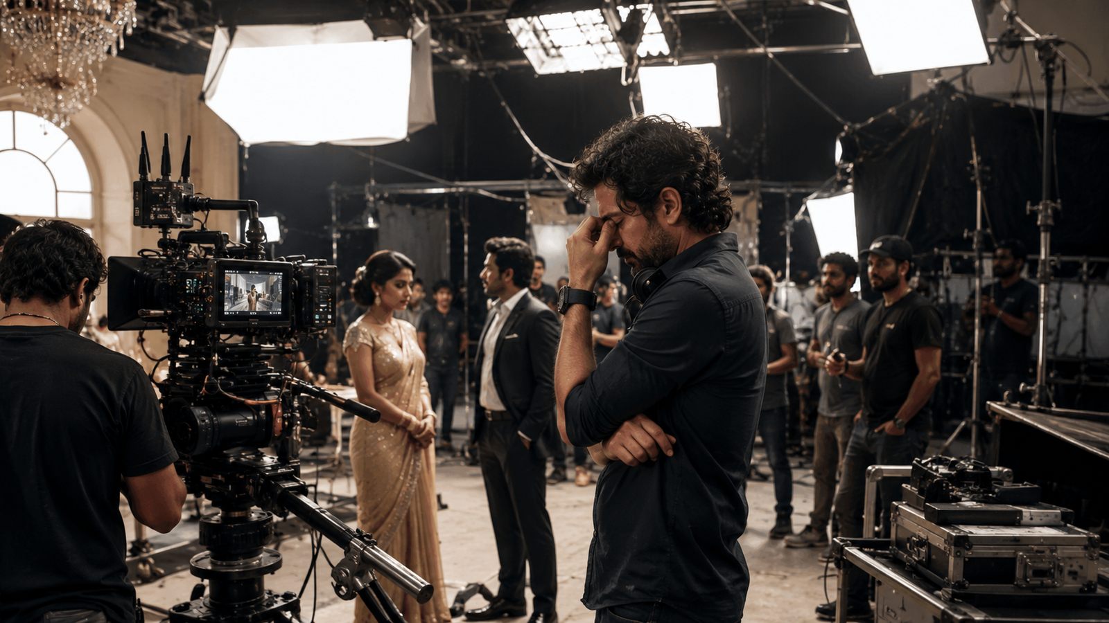 Expensive physical film production set with heavy studio equipment representing traditional ad creation delays