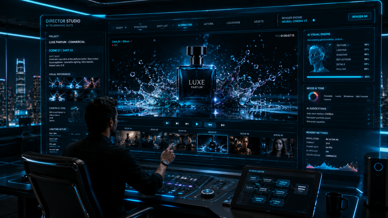 Futuristic digital director interface rendering a cinematic AI video commercial on a glowing holographic screen