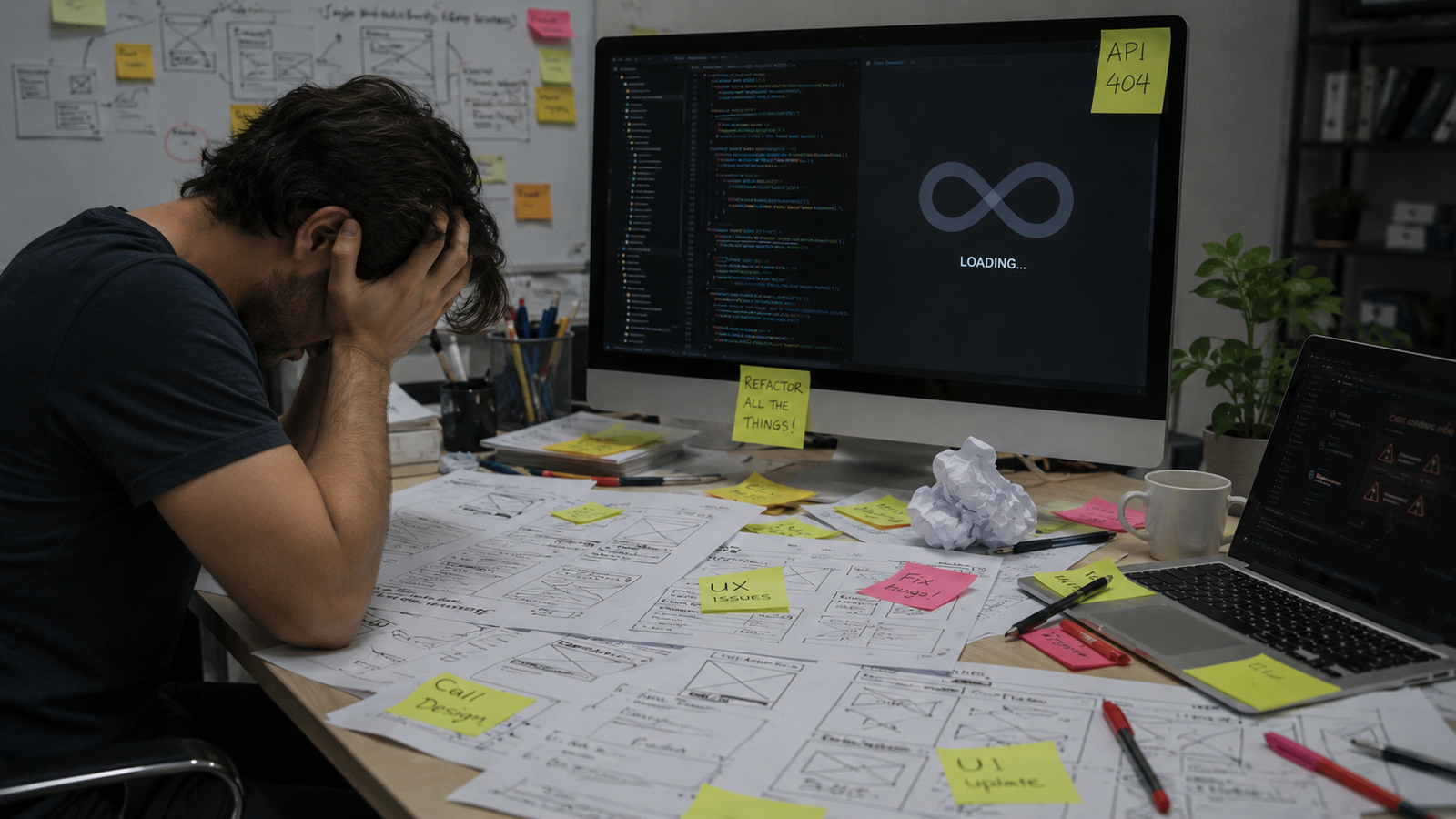 Messy designer desk with hand-drawn wireframe sketches and sticky notes representing manual UI design friction