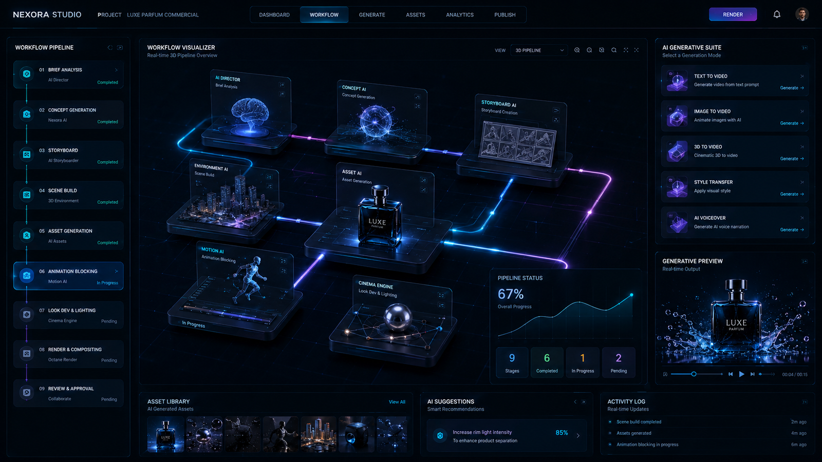 Sleek high-tech software interface displaying automated 3D workflow animations and generative UI layouts