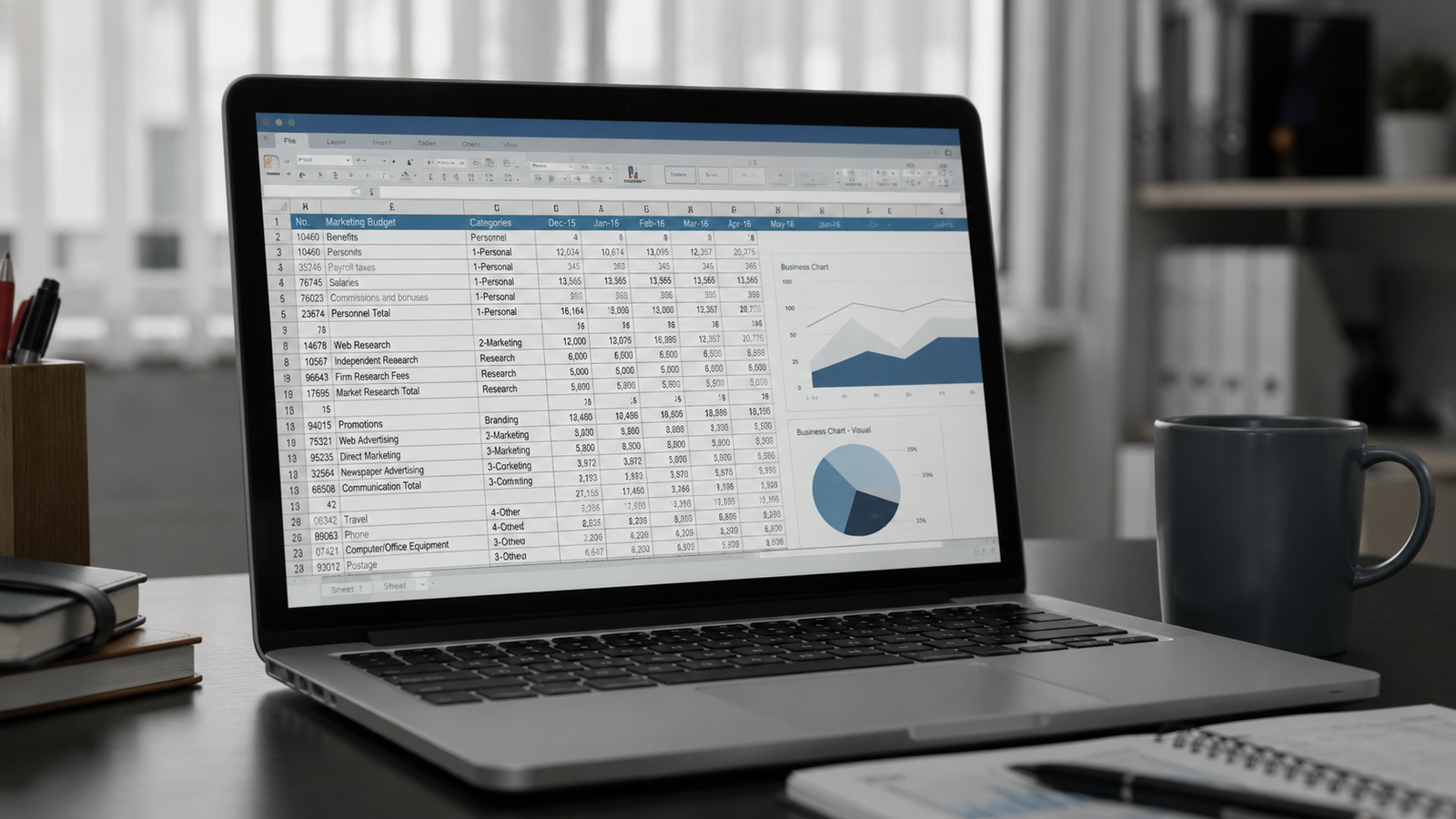 Generic laptop screen displaying basic charts and spreadsheets representing boring stock social media content