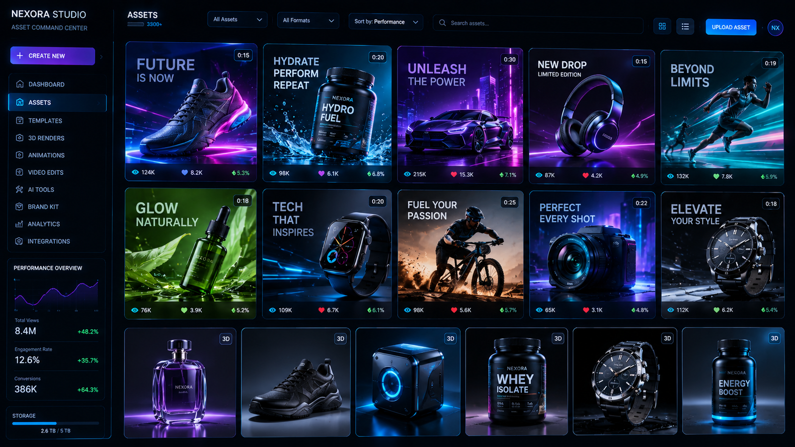 Vibrant grid of dynamic social media video assets and 3D product renders glowing in a futuristic studio