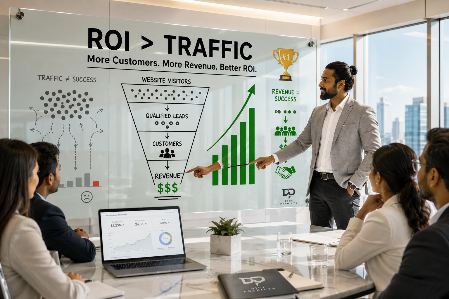 Corporate professional explaining Enterprise Digital Marketing Services and ROI growth strategy on a whiteboard