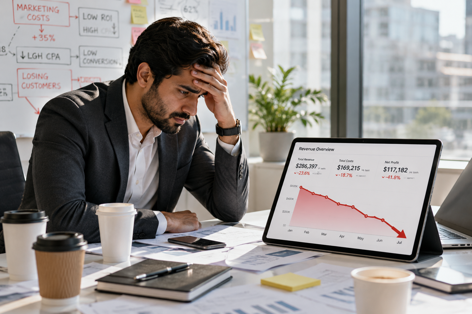 Frustrated business owner analyzing dropping revenue charts and wasted ad spend from poor marketing strategies