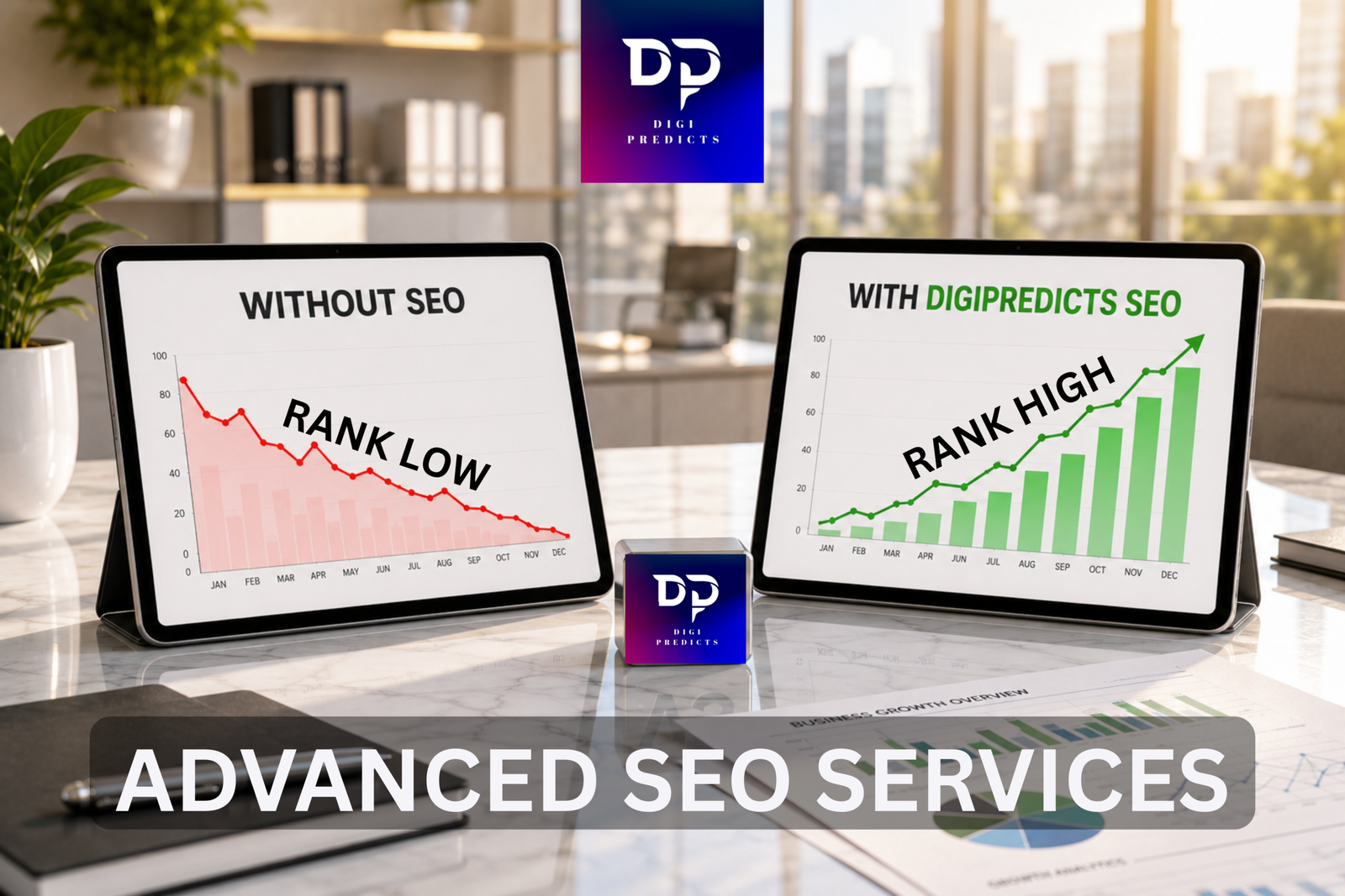 Business dashboard comparing website traffic before and after using Advanced Enterprise SEO Services by Digipredicts