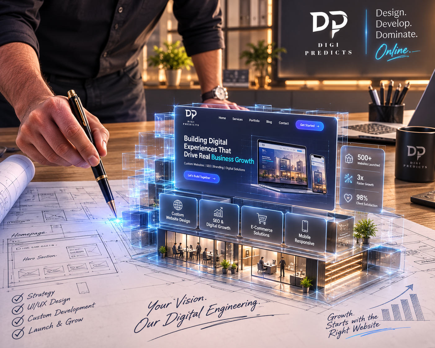 Conceptual representation of a custom website being engineered from scratch on an architect's blueprint based on precise client requirements.