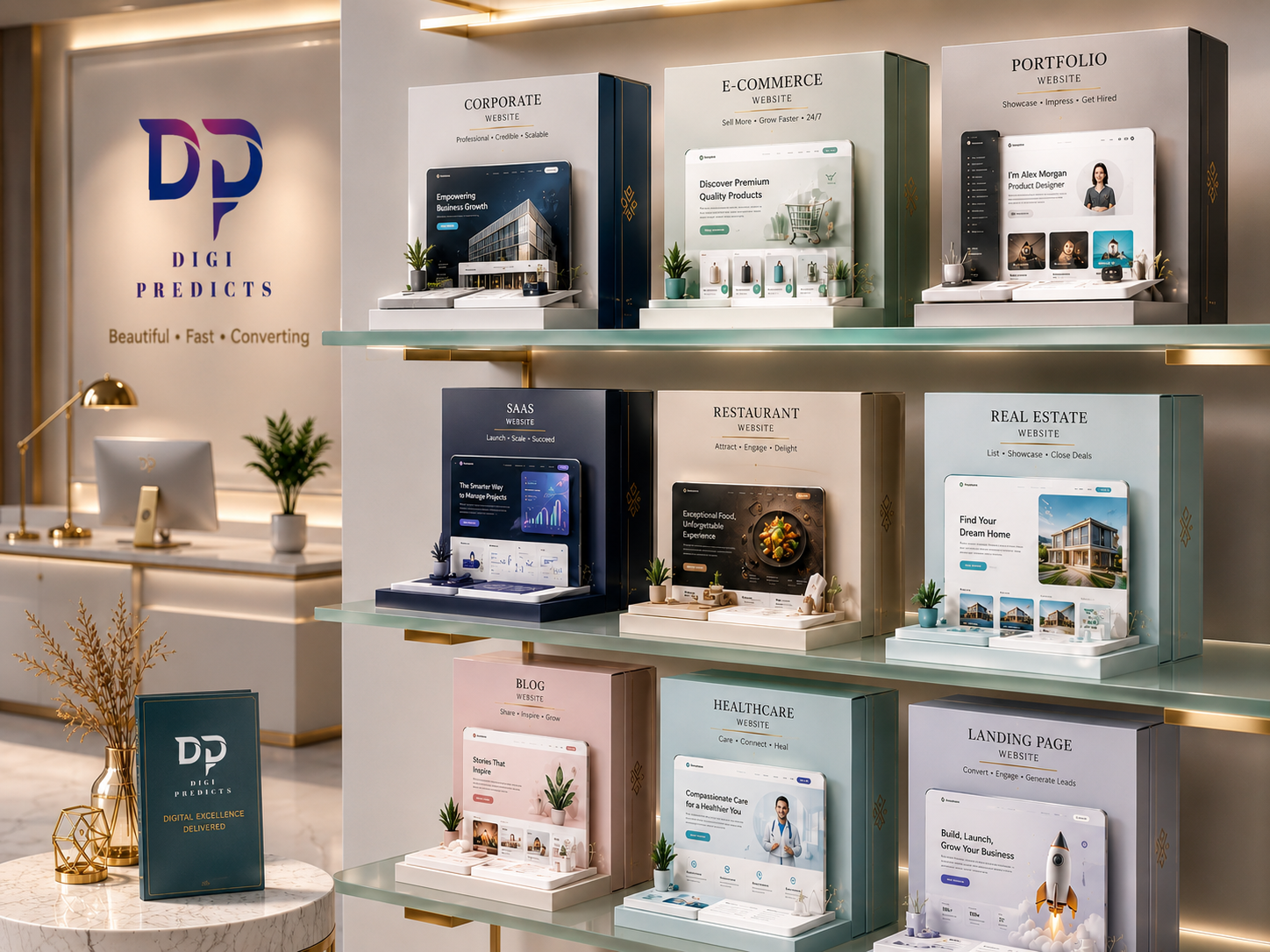Premium turnkey website architectures displayed as high-end physical products on a luxury boutique shelf.